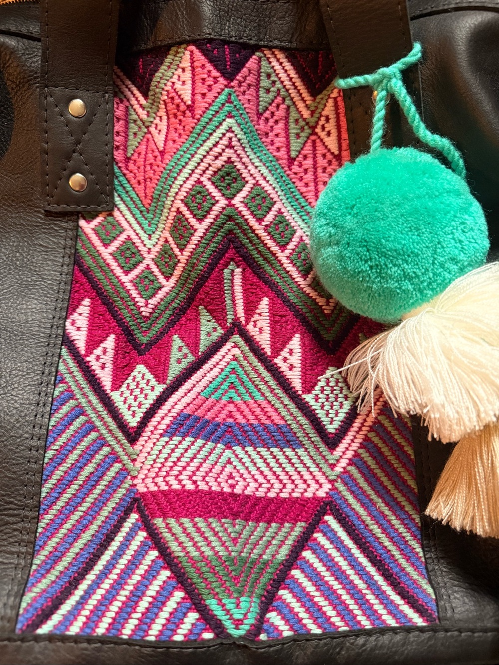 Nena Black Leather Bag with Pink & Teal Embroidered Panel - Picture 2 of 4